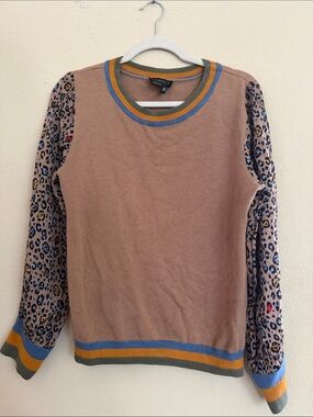 Women’s Crewneck Sweater with Leopard Print Sleeves - Tan